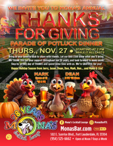 Mona's Bar Thanksgiving potluck Nov 27 starts at 2pm.
