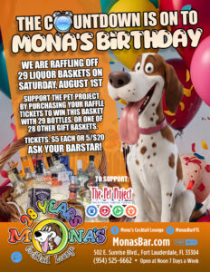 Mona's Bar Raffle Tix to win a 29 Bottle Basket, and many others. Raffle drawing held on Aug. 1st at our 29th Anniversary Party.